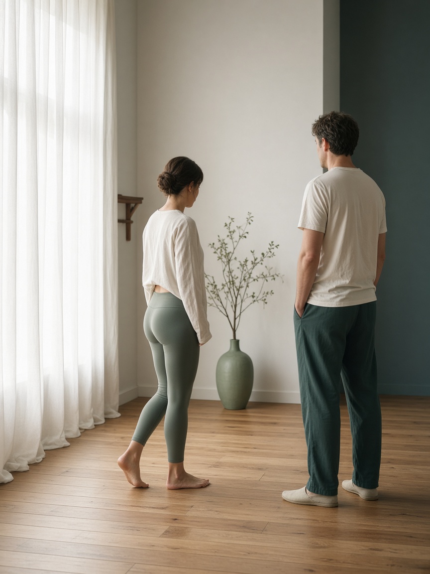 Immagine illustrativa: due persone in un ambiente luminoso durante un esercizio di equilibrio. Non ritrae pazienti o professionisti di AKOS MOTION.